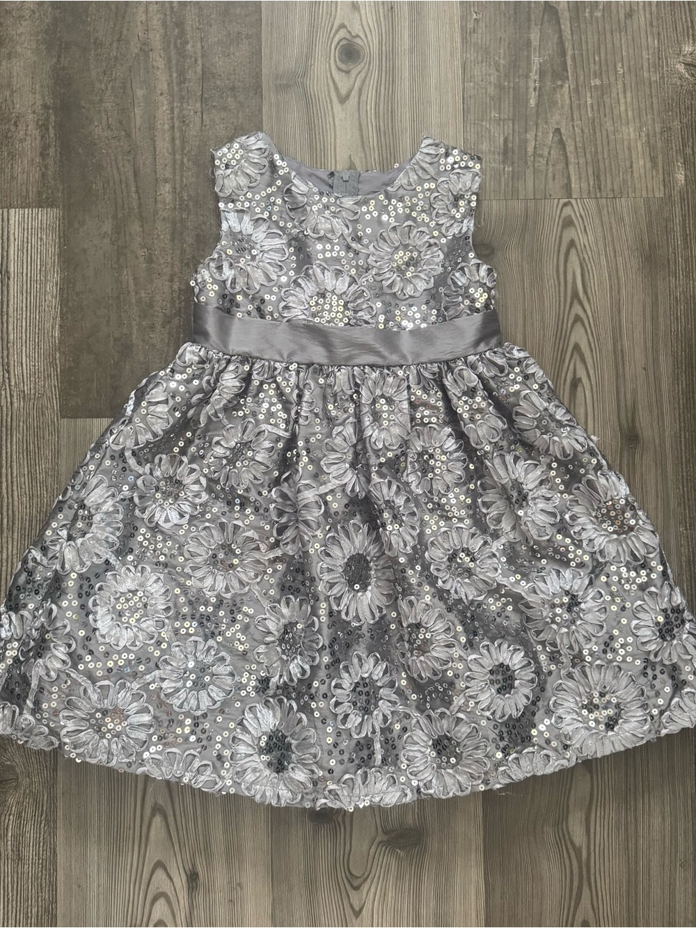 Silver Floral Sequin Girls Party Dress with Satin Waistband
